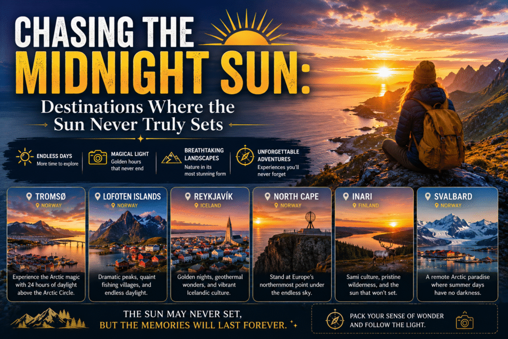 Midnight sun glowing over the Lofoten Islands, Norway, at midnight