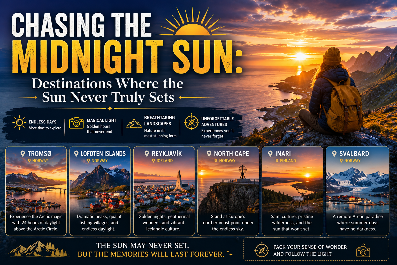 Midnight sun glowing over the Lofoten Islands, Norway, at midnight