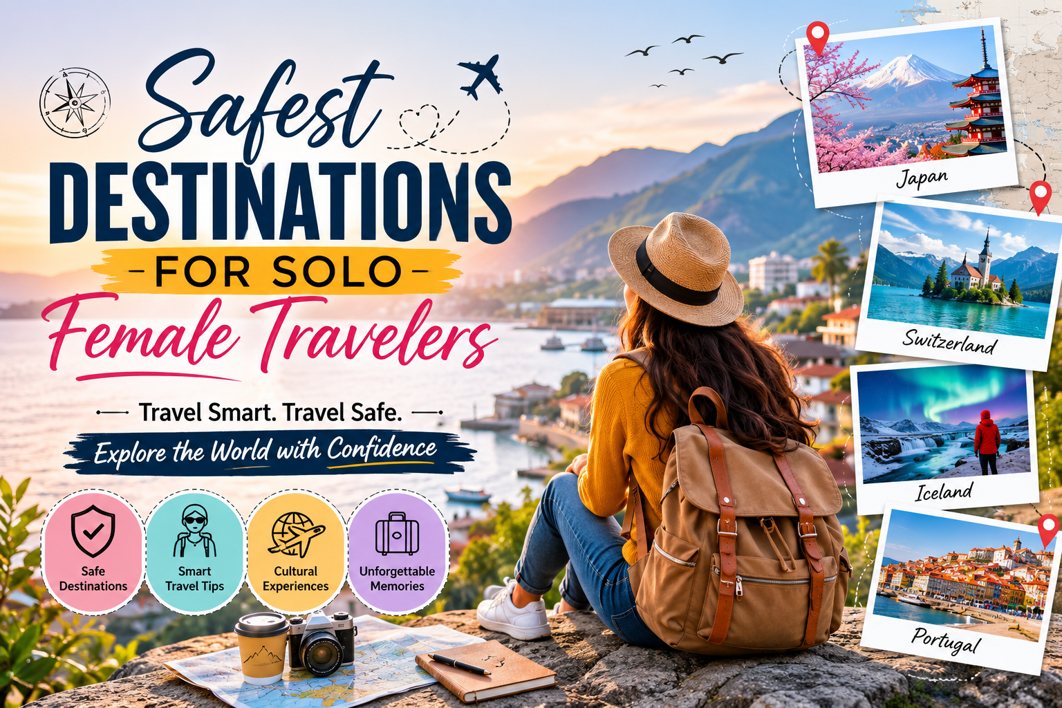 Safest destinations for solo female travelers featuring Japan, Switzerland, Iceland, and Portugal for safe and confident travel.