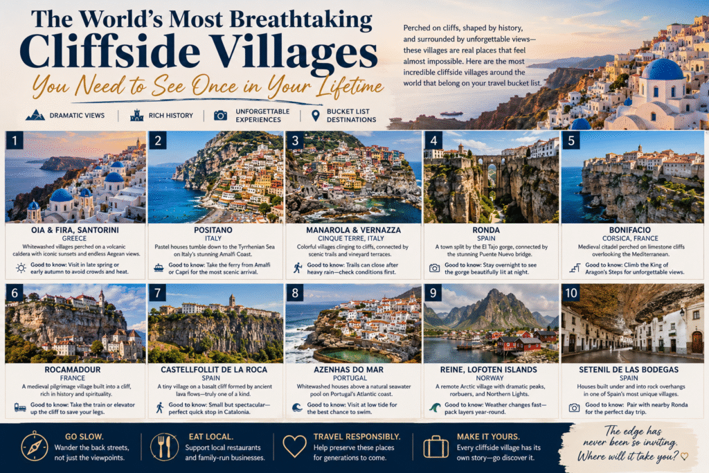 Cliffside villages overlooking the Mediterranean Sea in Santorini