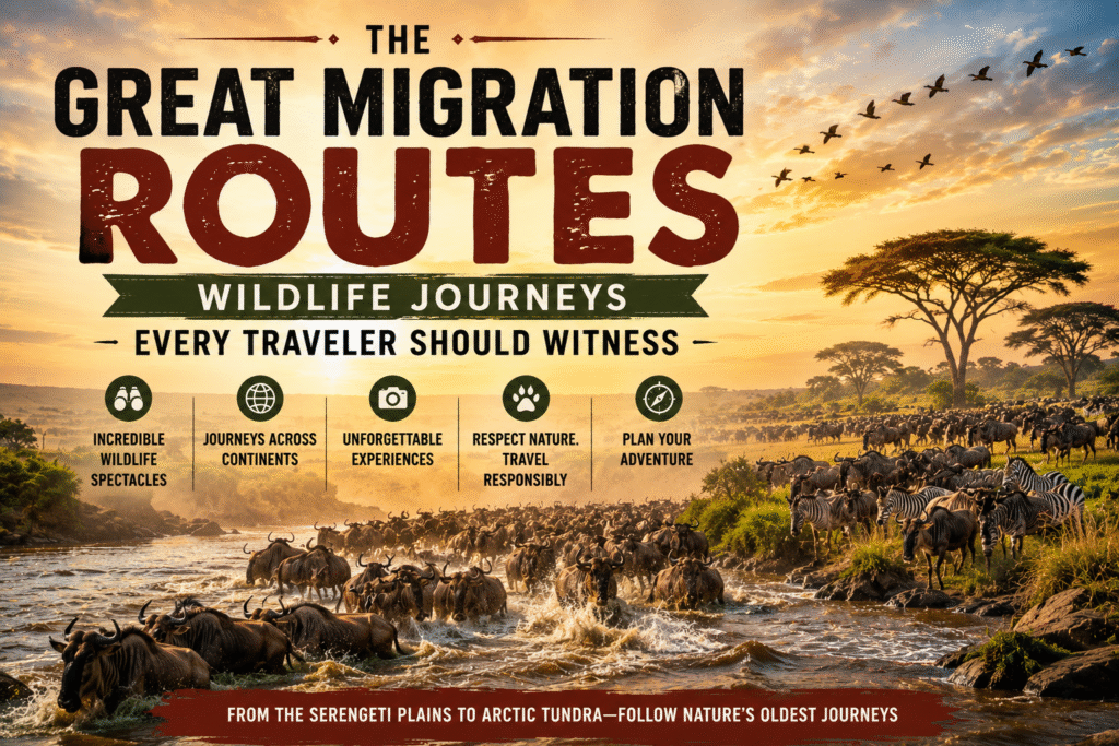 Great wildlife migrations of wildebeest crossing the Mara River