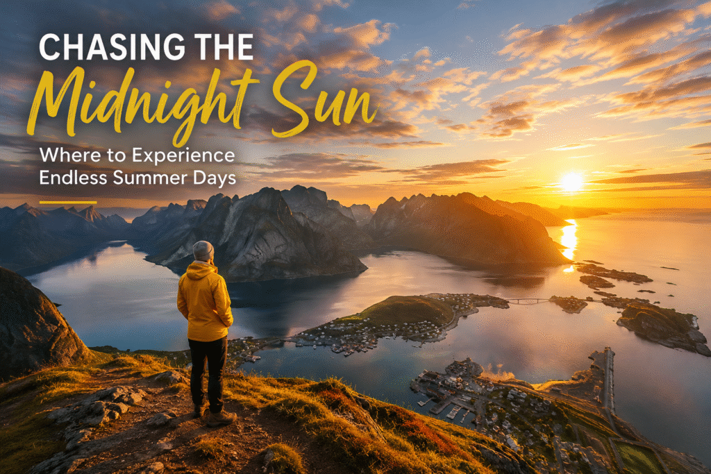 Midnight Sun over Arctic mountains and fjords