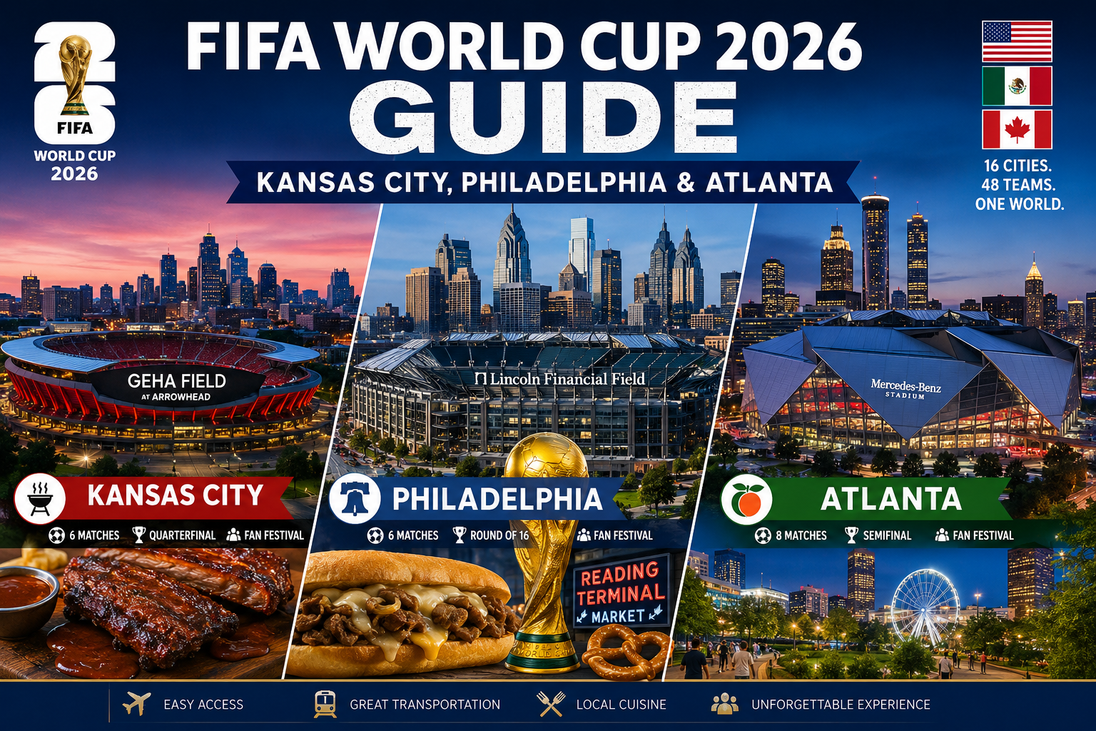 World Cup 2026 Guide featuring Kansas City, Philadelphia, and Atlanta host cities