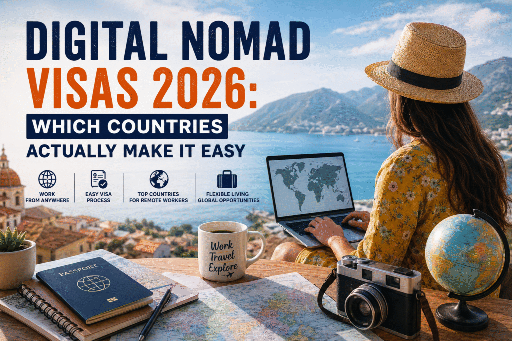 Remote professional working on a laptop while traveling, representing the best digital nomad visa destinations and remote work opportunities in 2026.