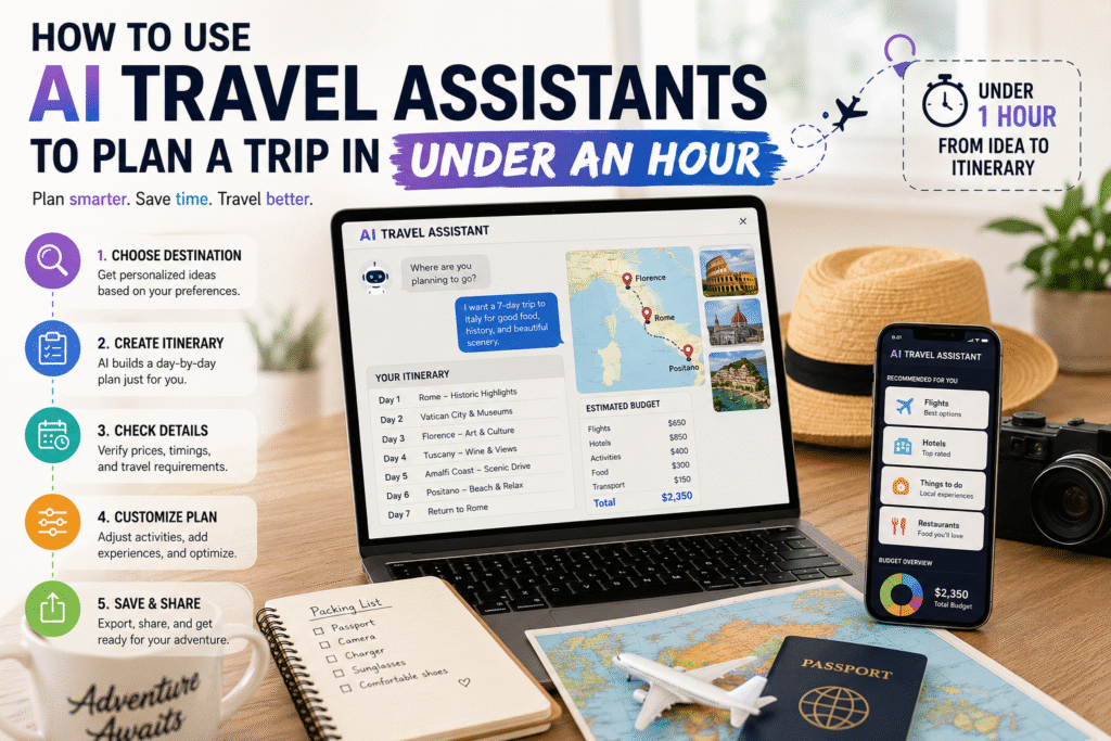 AI Travel Assistants helping travelers plan a vacation with maps, itinerary, laptop, and smartphone