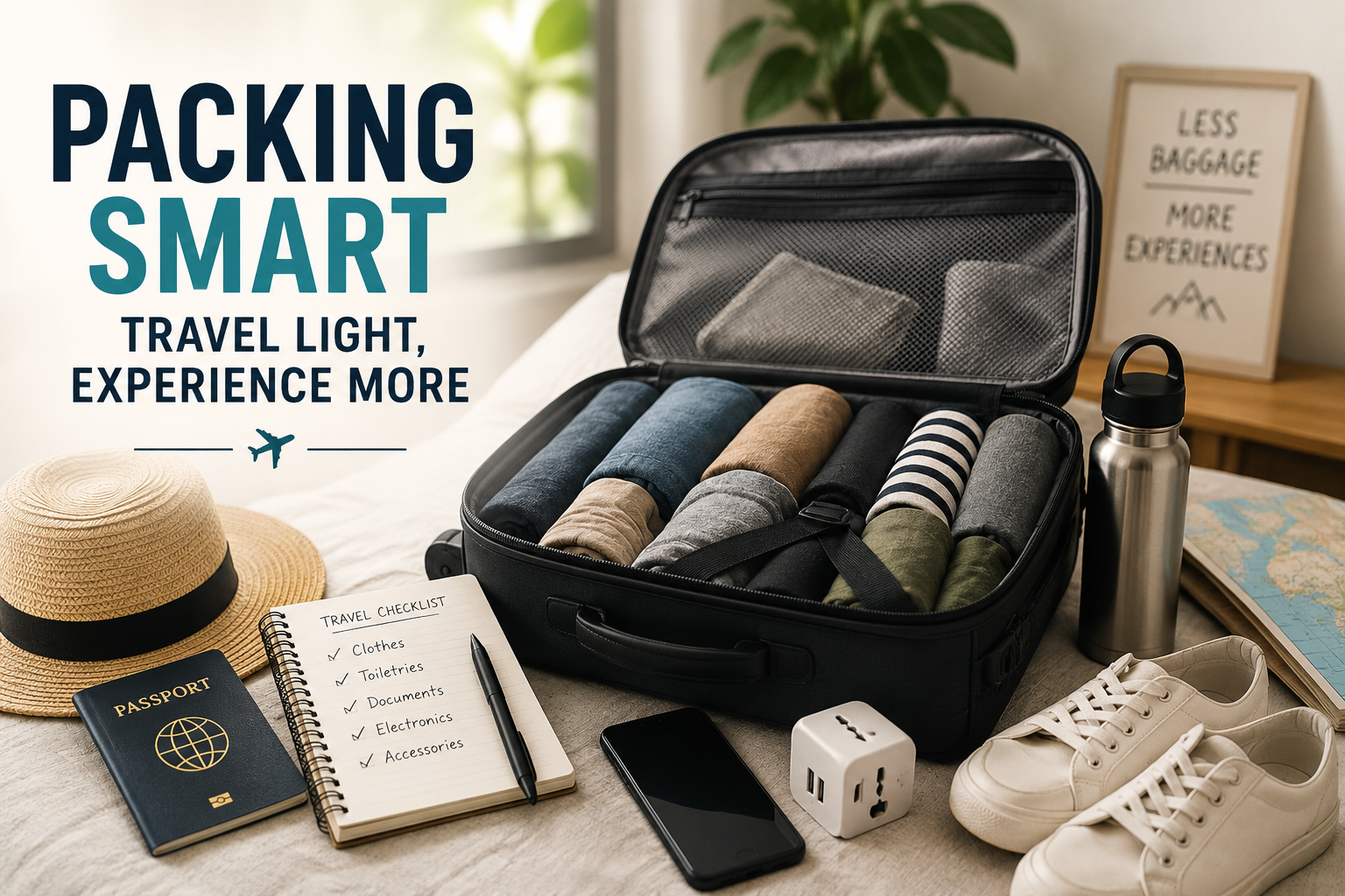 Traveller rolling clothes into a compression packing cube for a carry-on suitcase