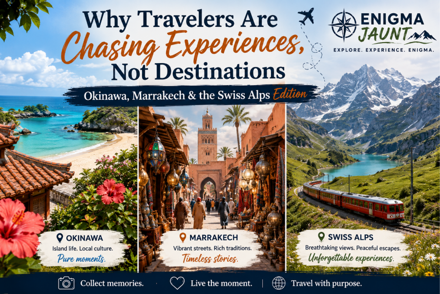 Experience-led travel in Okinawa, Marrakech, and the Swiss Alps showcasing cultural, wellness, and adventure experiences in 2026
