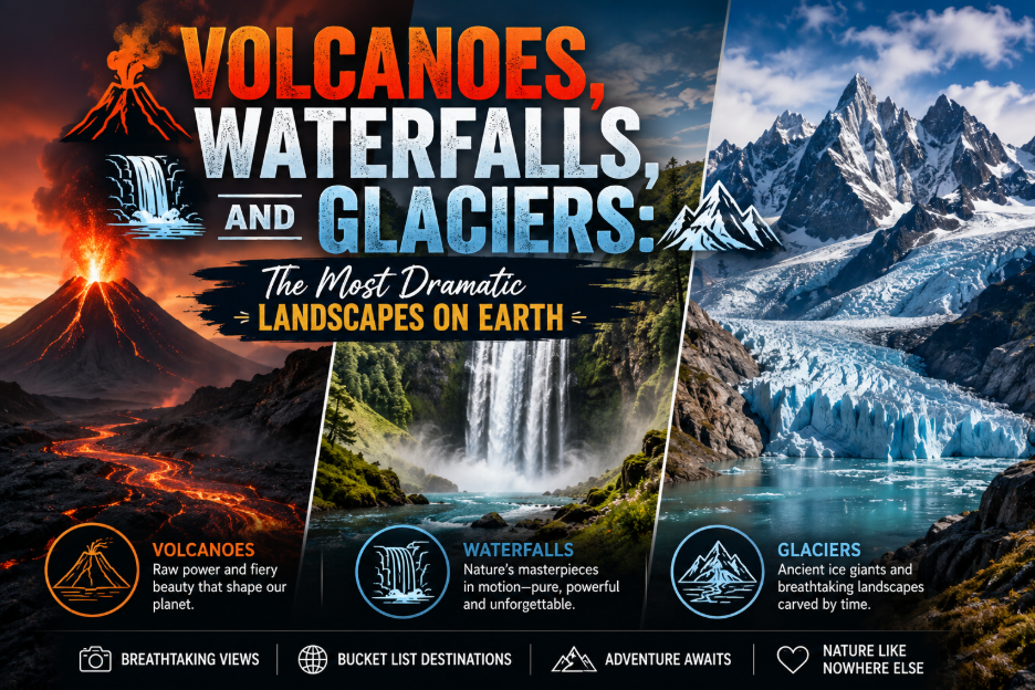 Dramatic landscapes featuring volcanic mountains at sunrise