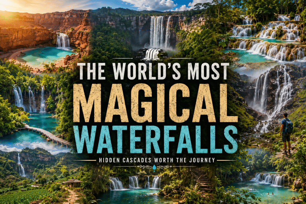 Hidden waterfalls surrounded by lush green forest and rocky cliffs