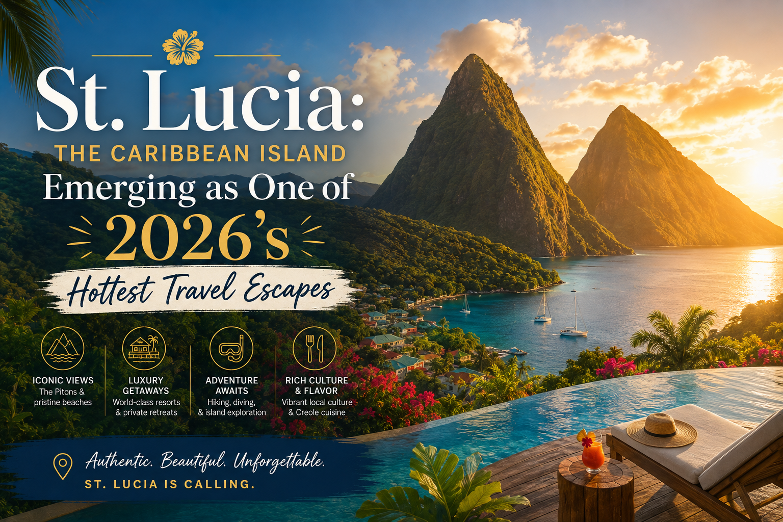 St. Lucia Pitons rising above the Caribbean Sea