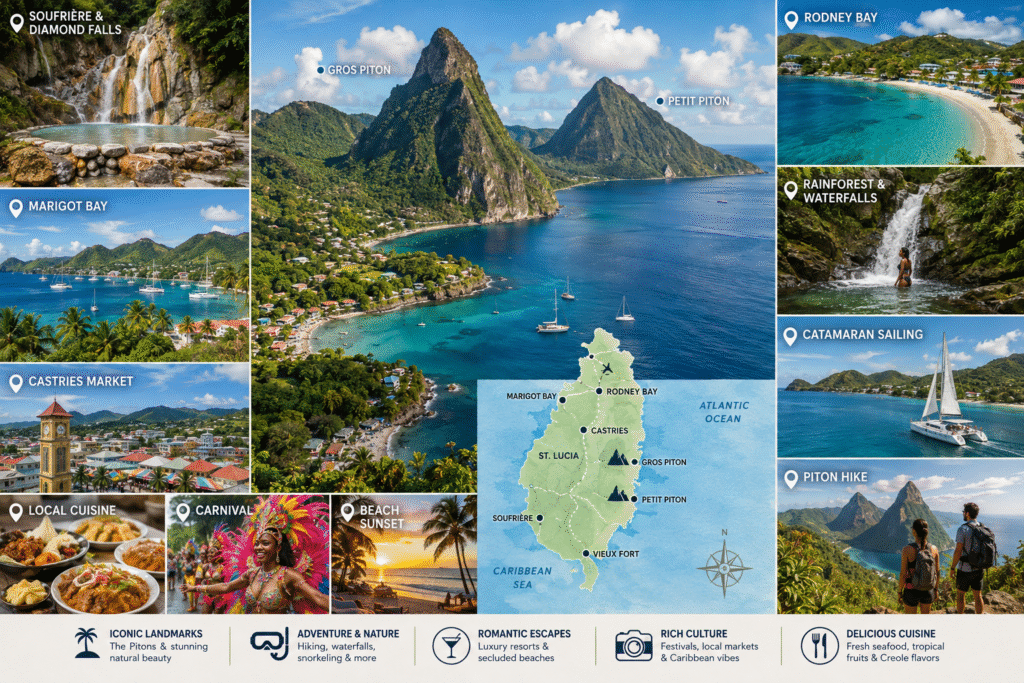 St. Lucia Pitons rising above the Caribbean Sea