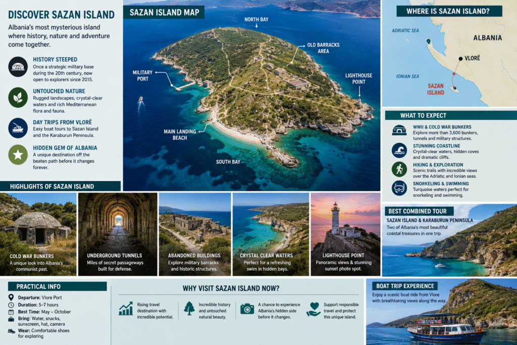 Sazan Island coastline and turquoise waters in Albania