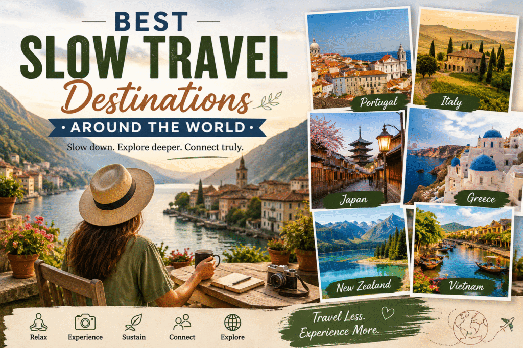 Best slow travel destinations around the world featuring Portugal, Italy, Japan, Greece, New Zealand, and Vietnam.