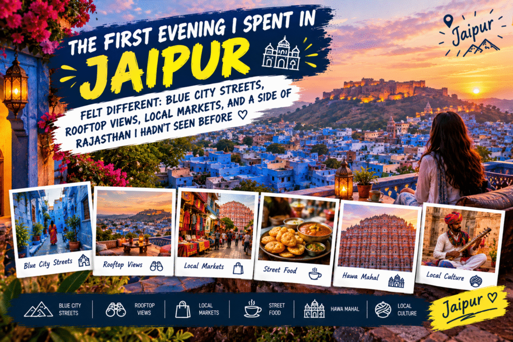 Evening street in Jaipur old city with shops and pedestrians