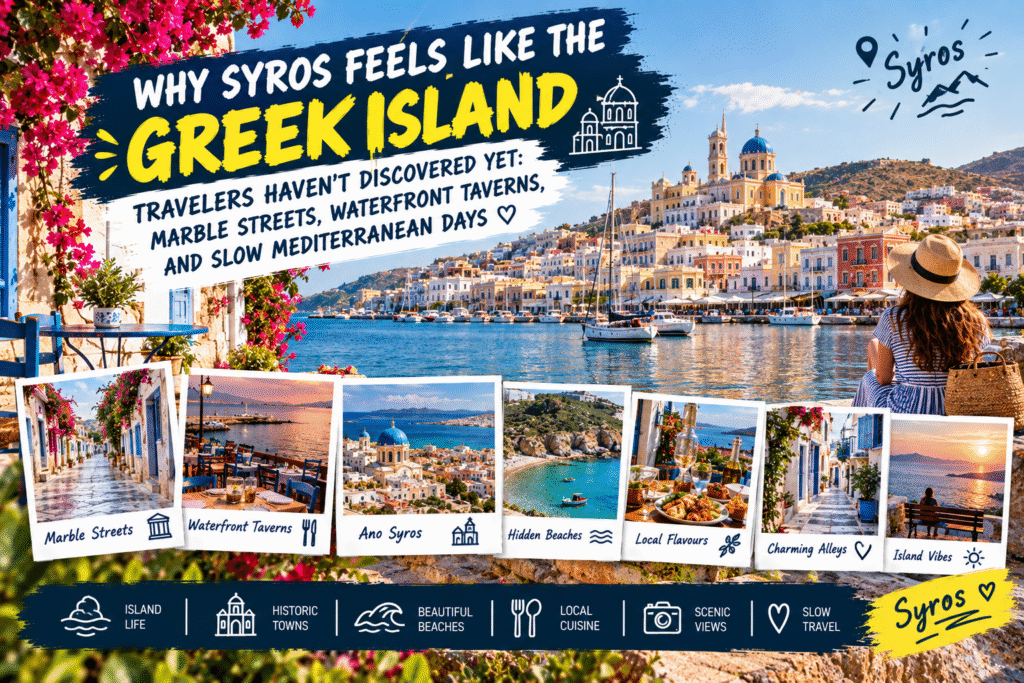 Syros Greece travel guide featuring Ermoupoli, marble streets, waterfront tavernas, beaches and island views