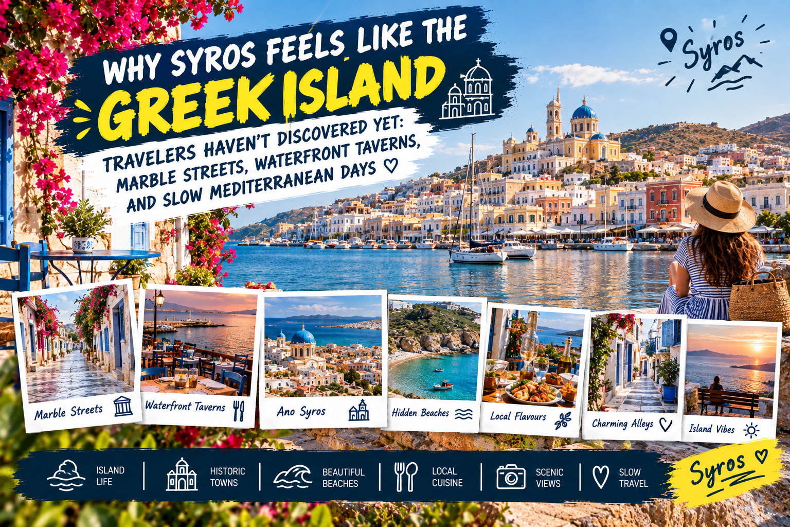 Syros Greece travel guide featuring Ermoupoli, marble streets, waterfront tavernas, beaches and island views