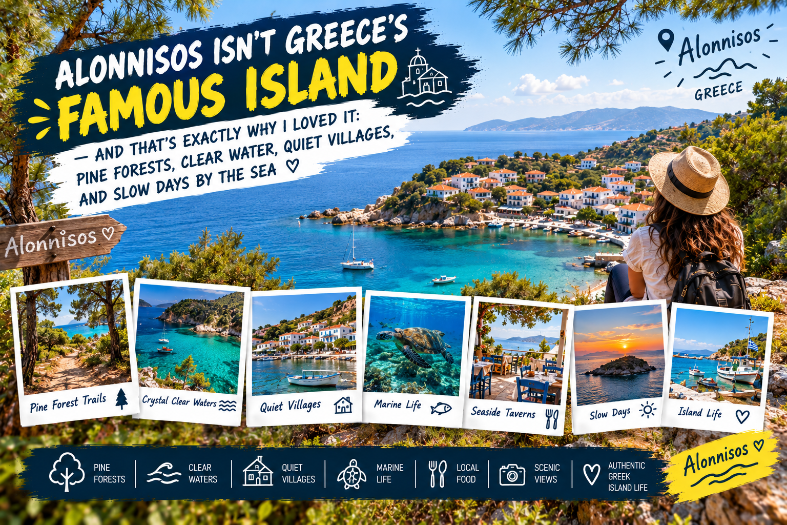 Alonnisos Greece with pine forests, clear waters, quiet villages, and scenic coastal views