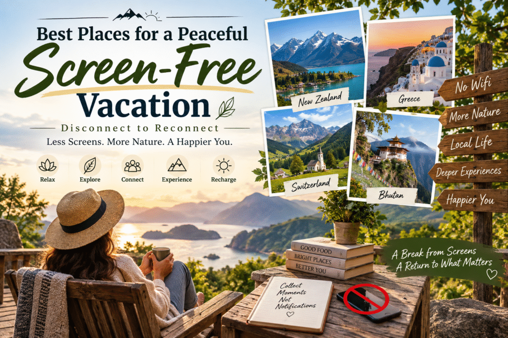 Peaceful screen-free vacation with nature, mountains, and a phone-free retreat.