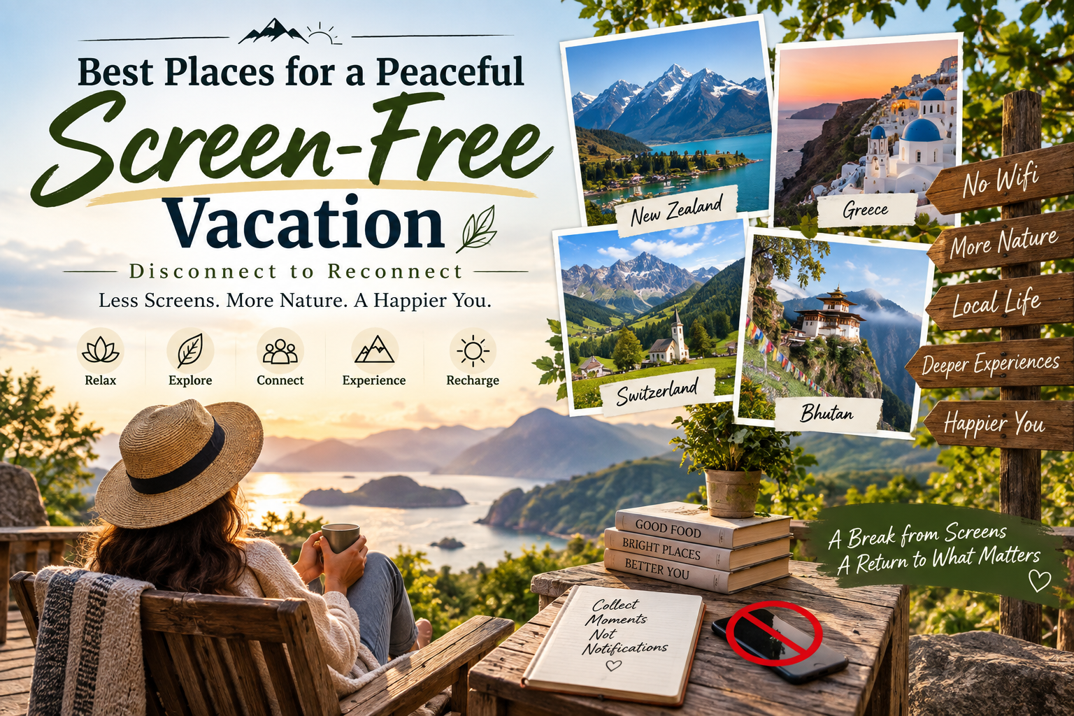 Peaceful screen-free vacation with nature, mountains, and a phone-free retreat.