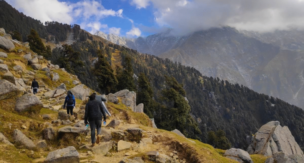 Trekkers on the trail toward Triund, Dharamshala