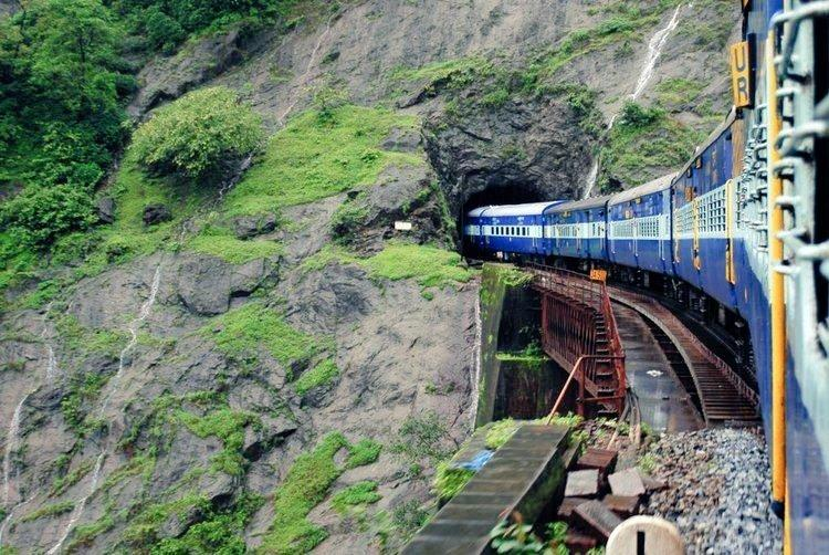 Misty railway tunnel on the Konkan Railway during monsoon