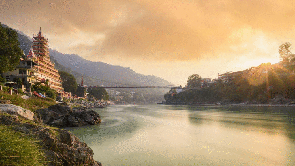 Peaceful sunrise over the Ganga River in Rishikesh