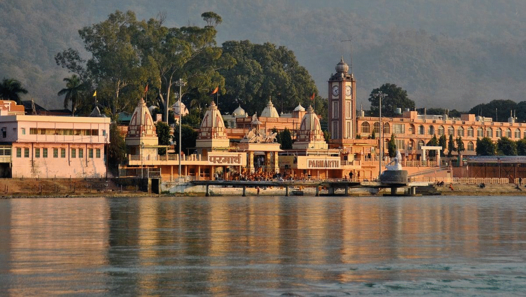 Golden hour view of the Ganga and hills in Rishikesh