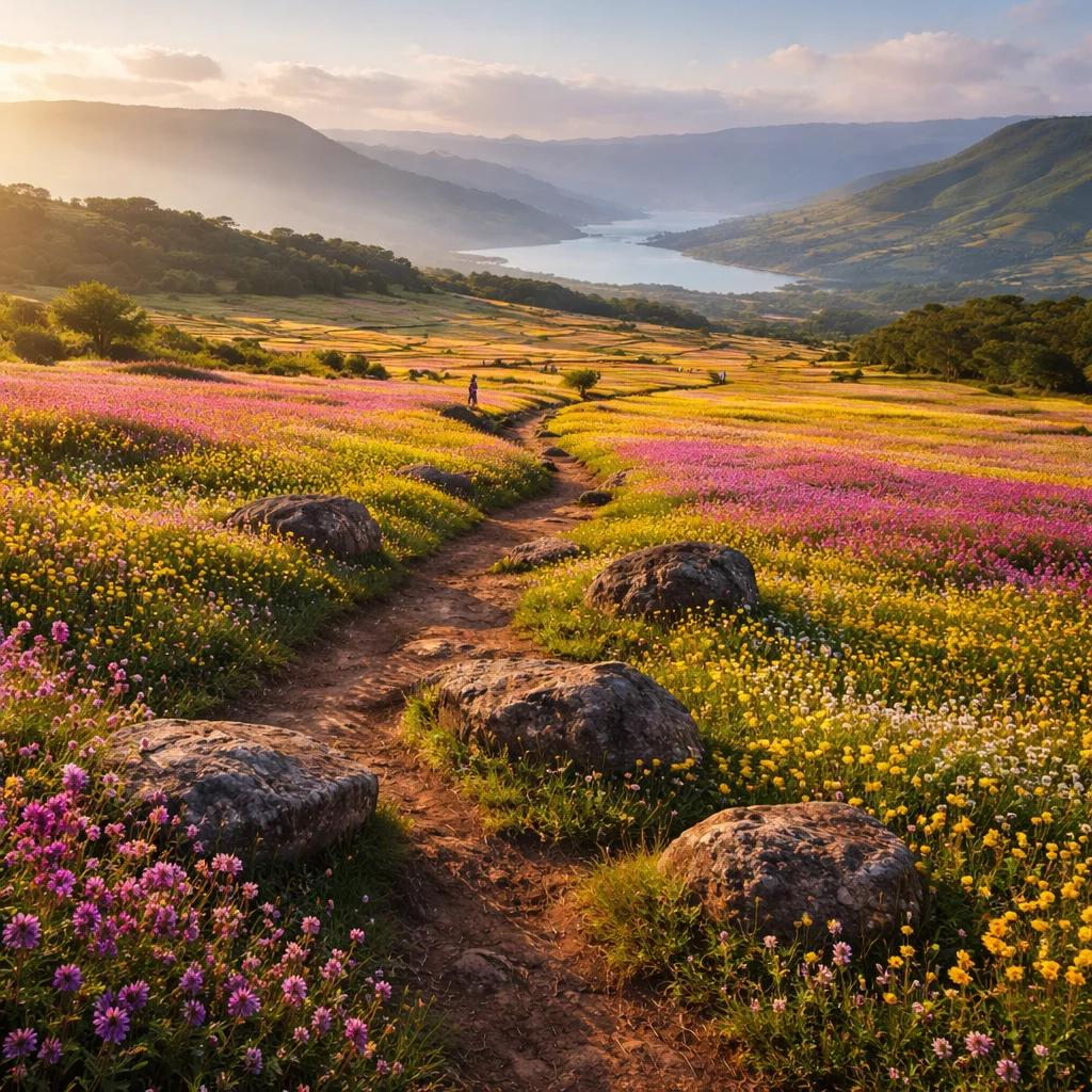 Walking trail through wildflowers at Kaas Plateau