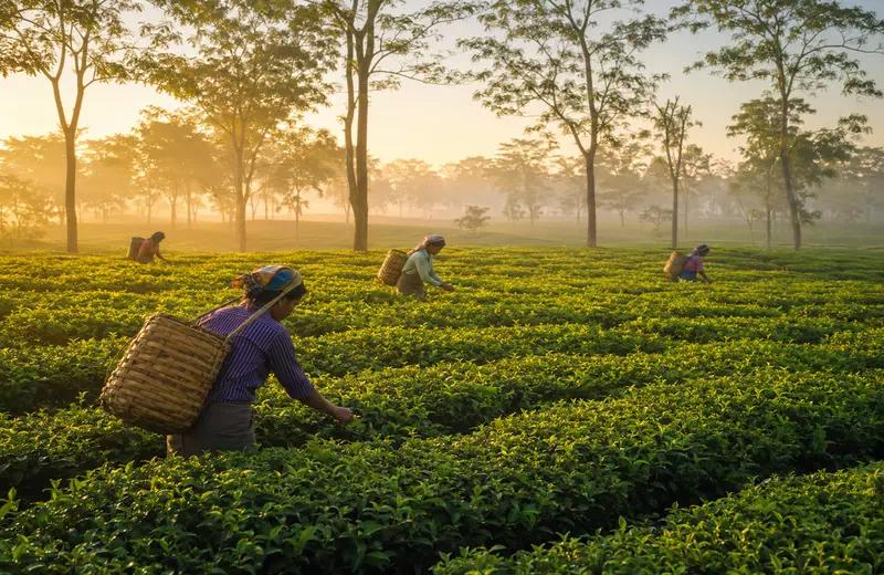 Tea pluckers harvesting two leaves and a bud in a Jorhat tea estate