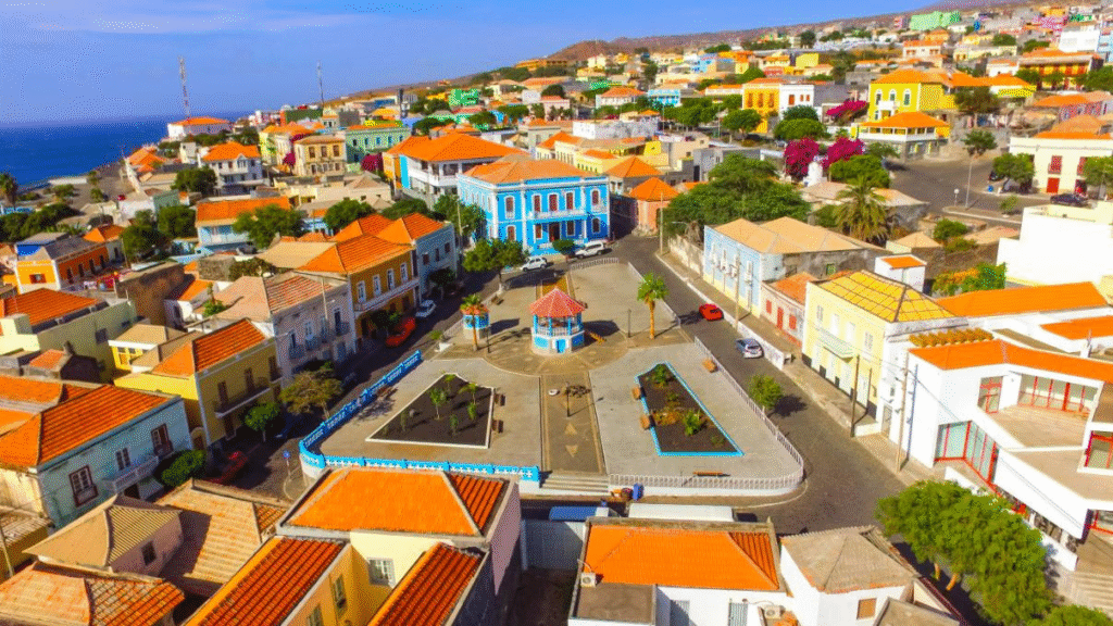 Basalt cobblestone streets and colonial architecture in São Filipe, Fogo Island