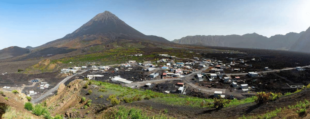 Chã das Caldeiras village built inside the Fogo volcano crater, Cape Verde