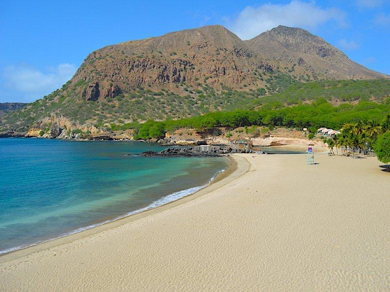 Empty sandy shoreline at Tarrafal Beach, Santiago Island, Cape Verde