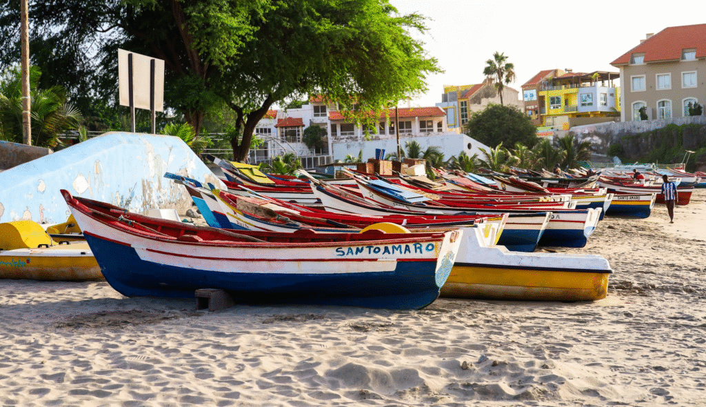 Empty sandy shoreline at Tarrafal Beach, Santiago Island, Cape Verde