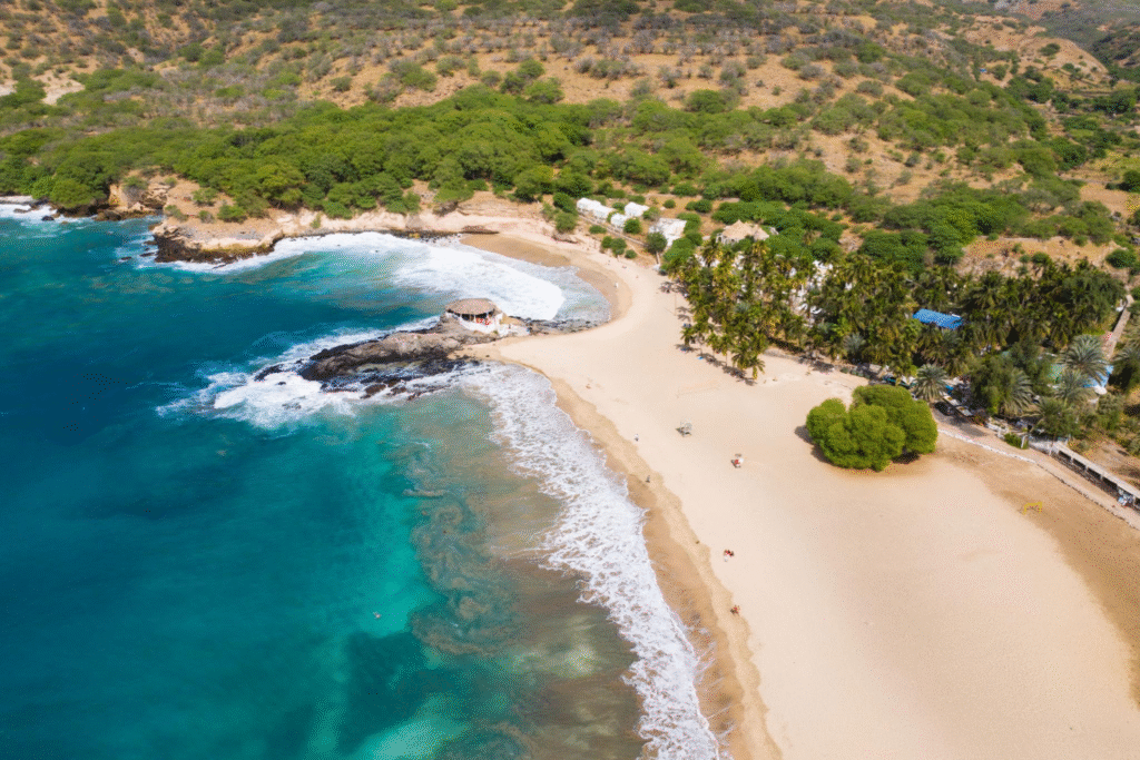 Empty sandy shoreline at Tarrafal Beach, Santiago Island, Cape Verde