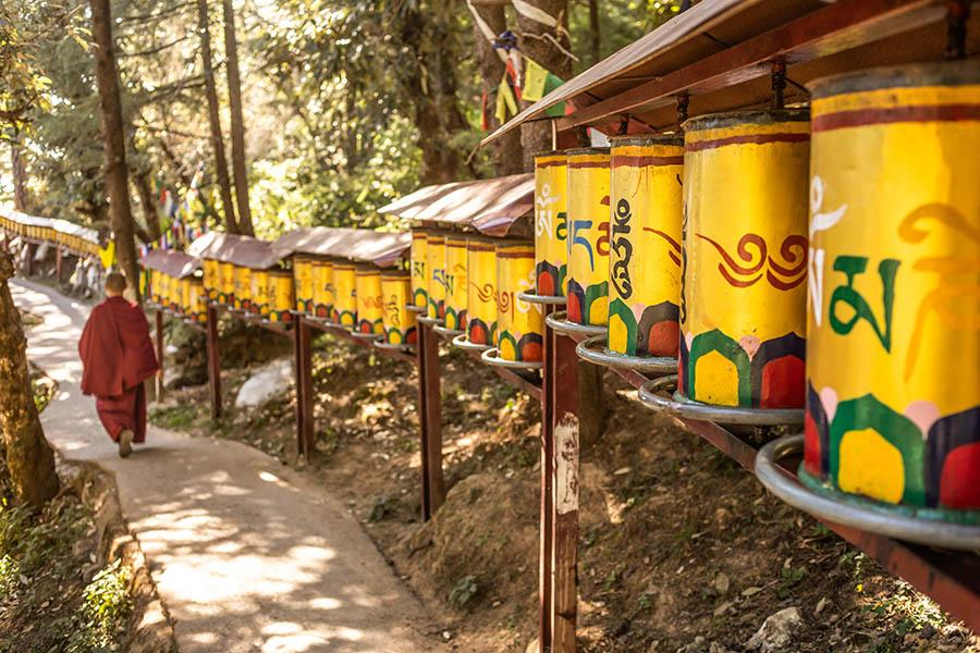 Tibetan prayer wheels along the Kora walk in McLeod Ganj