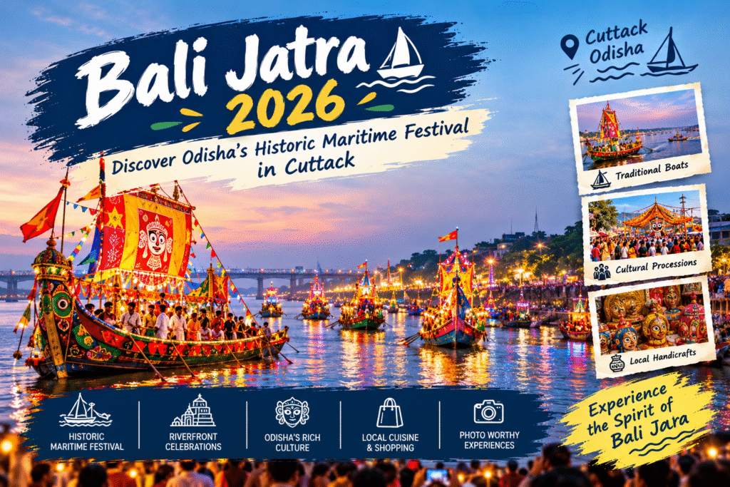 Colourful Bali Jatra festival stalls along the Mahanadi River in Cuttack, Odisha