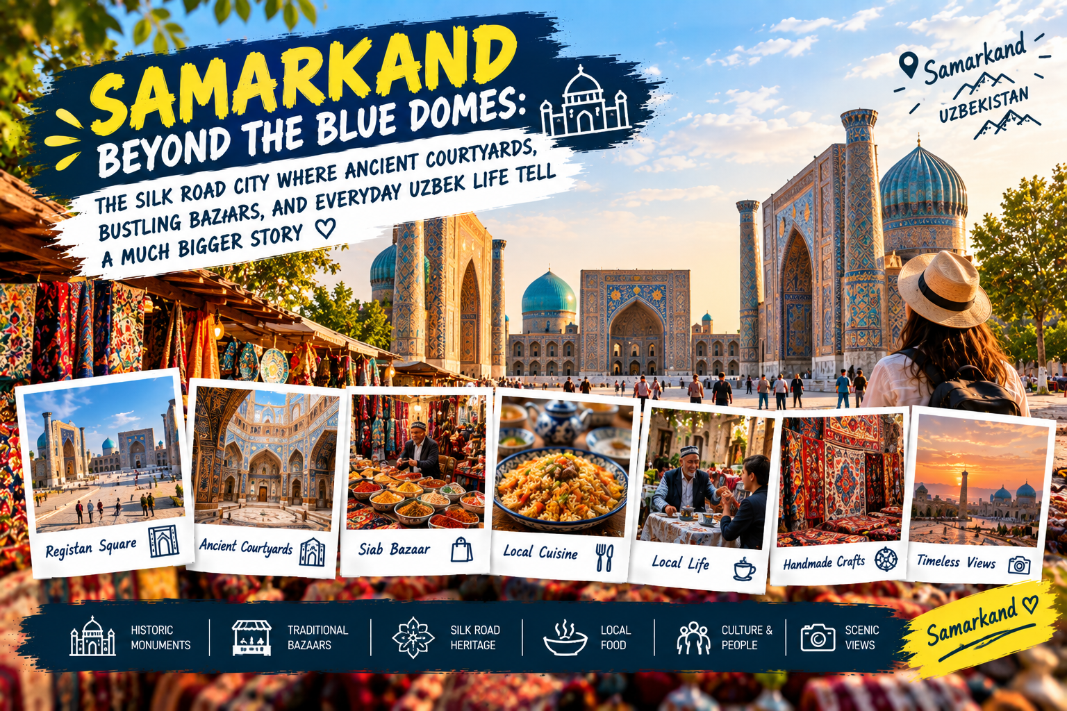 Samarkand Uzbekistan with blue domes, historic architecture, and traditional city views
