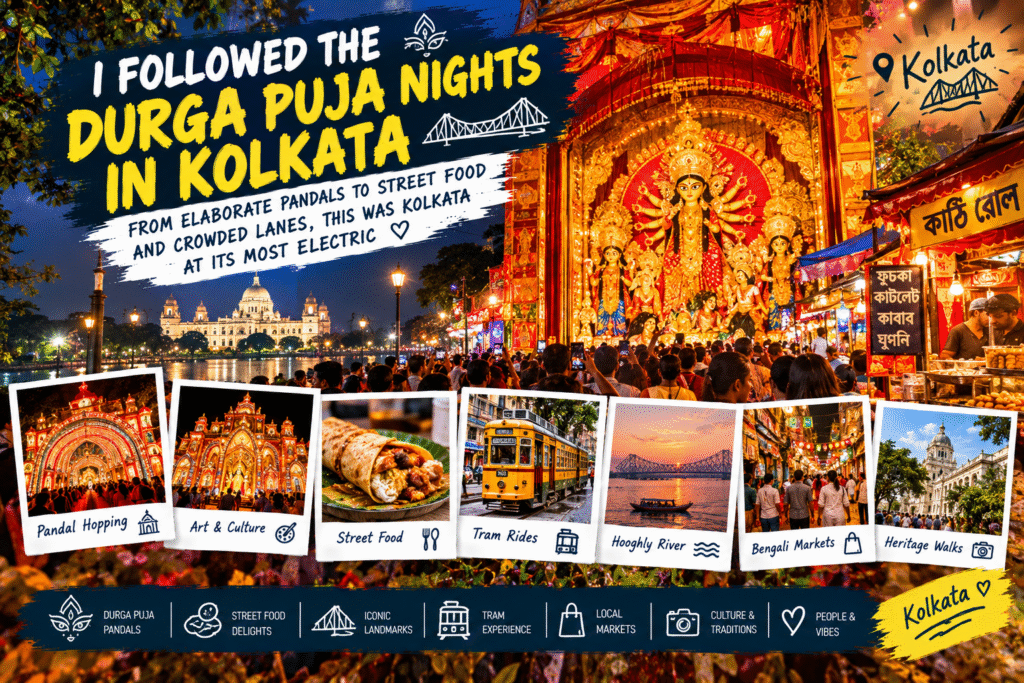 Durga Puja in Kolkata with a colorful pandal, festive lights, and crowds at night