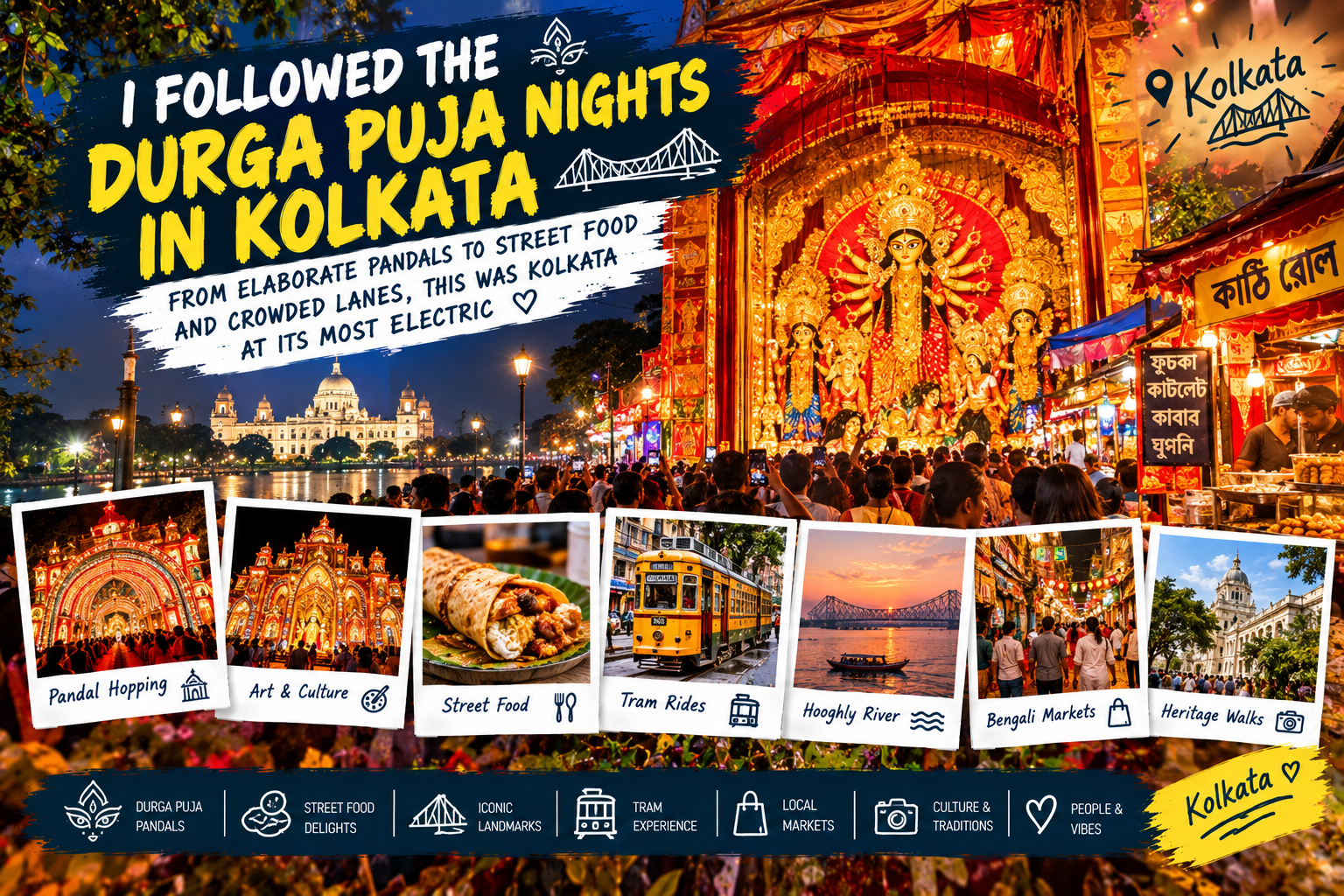 Durga Puja in Kolkata with a colorful pandal, festive lights, and crowds at night