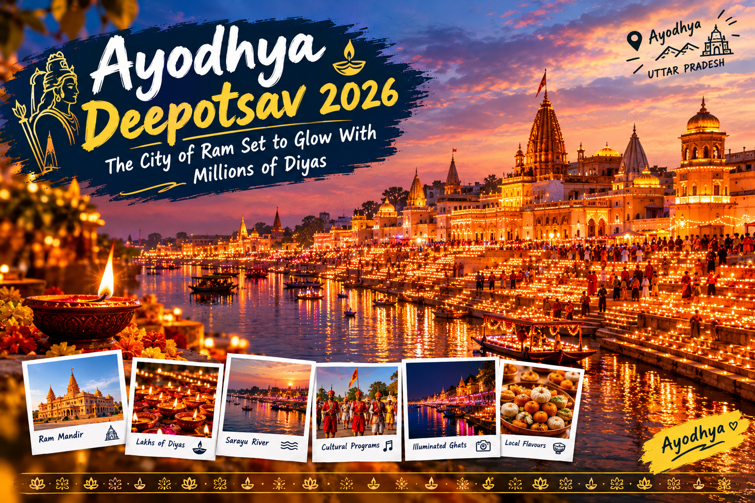 Earthen lamps illuminating Ram Ki Paidi on the Saryu River during Ayodhya Deepotsav
