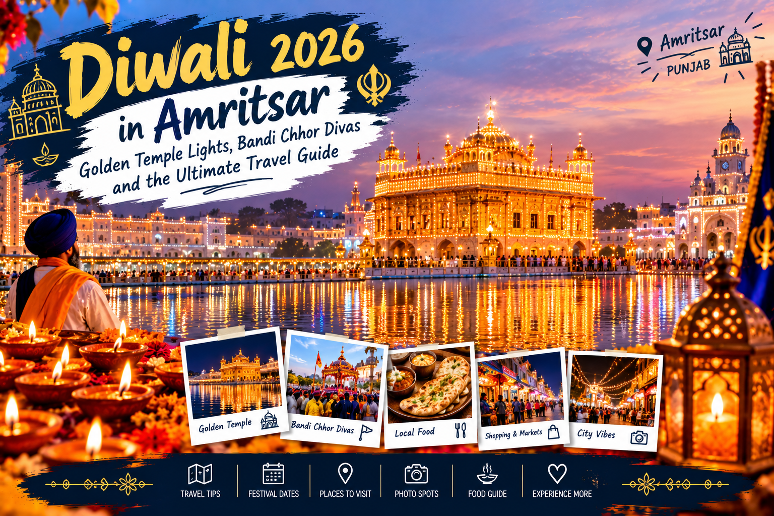 The illuminated Golden Temple reflected in the sacred pool during Diwali in Amritsar