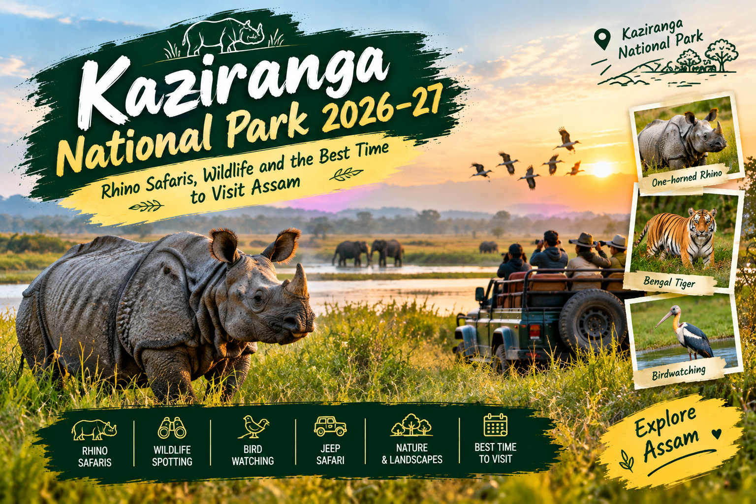 One-horned rhinoceros grazing in the grasslands of Kaziranga National Park in Assam