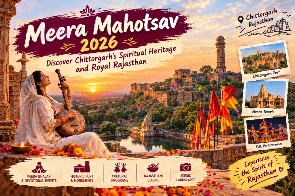Meera Mahotsav 2026 in Chittorgarh, Rajasthan, featuring Chittorgarh Fort, Meera Temple, and devotional cultural heritage.