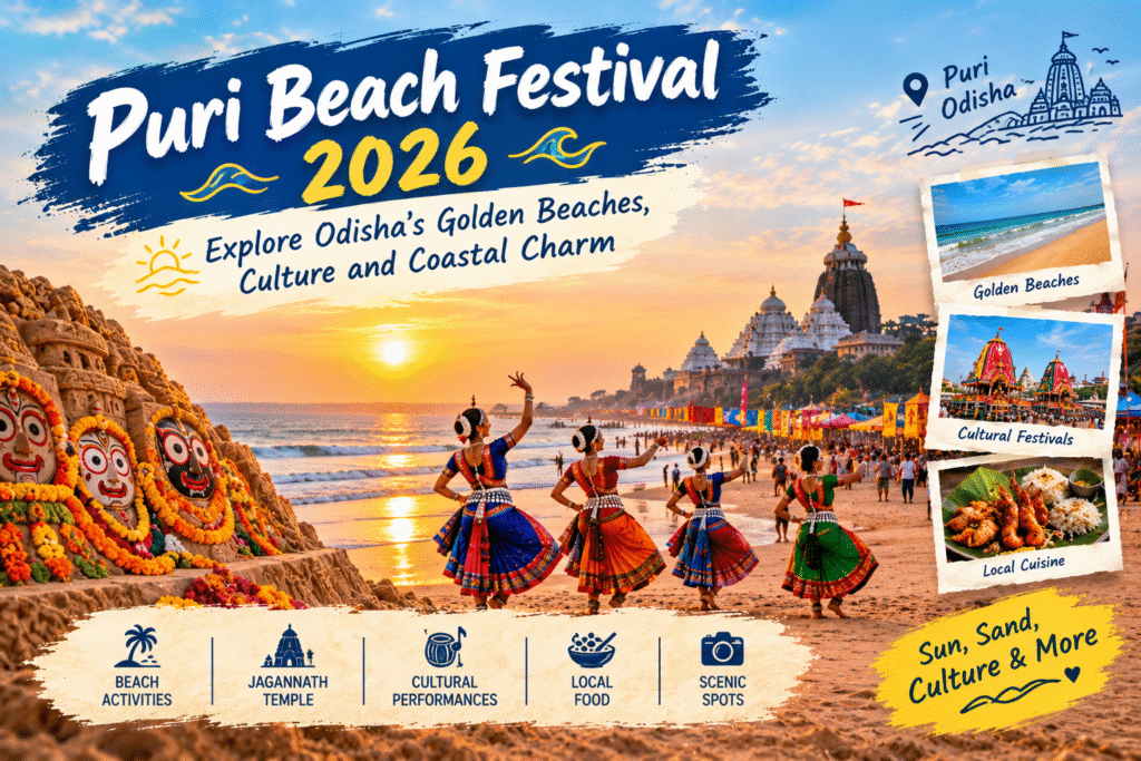 Golden sands of Puri Beach along the Bay of Bengal during a cultural holiday in Odisha
