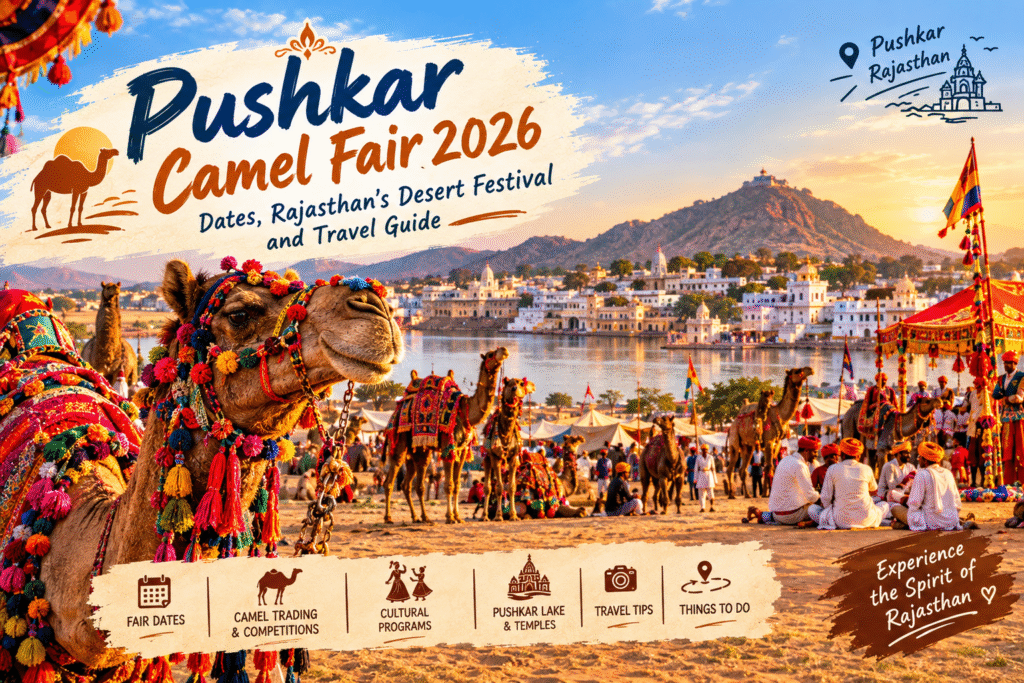 Decorated camels and colourful Rajasthani turbans at the Pushkar Camel Fair in Rajasthan
