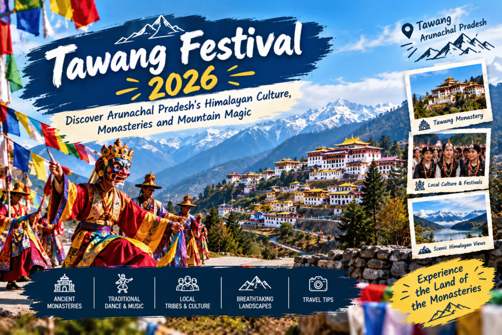 Tawang Monastery overlooking the Himalayan mountains in Arunachal Pradesh during autumn