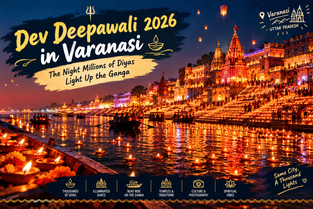 Thousands of glowing diyas illuminating the Ganga ghats in Varanasi during Dev Deepawali